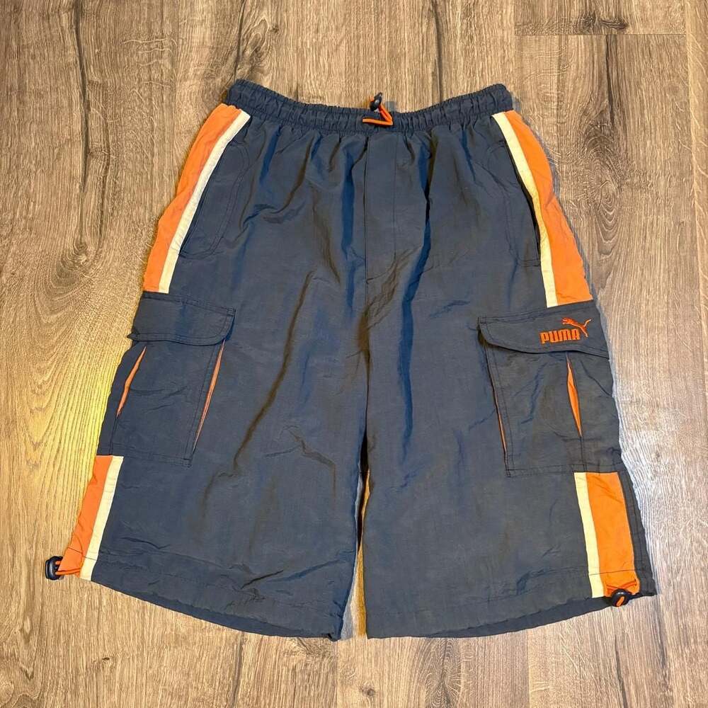 Vintage Puma Nylon Cargo Boardshorts Large 14-16 Dark Grey Orange